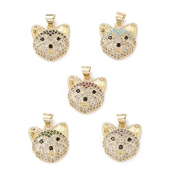 Brass Micro Pave Cubic Zirconia Pendants, Real 16K Gold Plated, Dog Charms, Mixed Color, 17x16.5x6.5mm, Hole: 5x3mm.