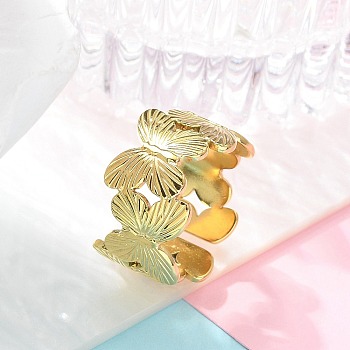 304 Stainless Steel Open Cuff Ring for Women, Real 18K Gold Plated, Butterfly, 12mm, Adjustable