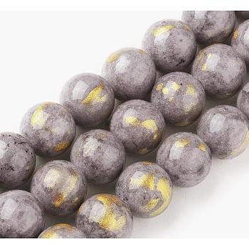 Natural Jade Beads Strands, with Gold Foil, Dyed, Round, Slate Gray, 4mm, Hole: 1mm, about 92~95pcs/strand ,14.96 inch(38cm)