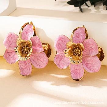 Alloy & Enamel Stud Earrings, Flower, Golden, Pink, 65x57mm