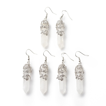 Natural Quartz Crystal Bullet with Flower Dangle Earrings, Platinum Tone Brass Jewelry for Women, Cadmium Free & Lead Free, 62~63mm, Pin: 0.6mm