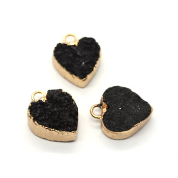 Resin with Golden Zinc Alloy Charms, Heart, Black, 12x15mm