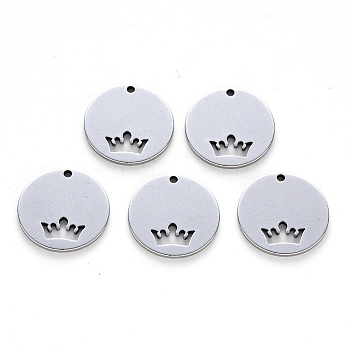 201 Stainless Steel Charms, Laser Cut, Flat Round with Crown, Stainless Steel Color, 14x1mm, Hole: 1mm