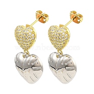 Rack Plating Brass Heart Dangle Stud Earrings with Cubic Zirconia, Long-Lasting Plated, Lead Free & Cadmium Free, Real 18K Gold Plated, 33x20mm(EJEW-D069-06GP)