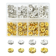 240Pcs 8 Styles Iron & Brass Rhinestone Spacer Beads, for Jewelry Craft Making Findings, Rondelle, Straight Edge, Crystal, Golden & Silver, 6~8x3~3.5nnm, Hole: 1.5~2mm, about 30Pcs/style(FIND-FS0001-34)