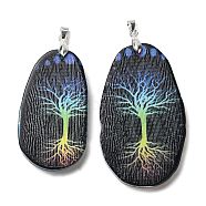 Natural Agate Big Pendants, Tree of Life Charms with Platinum Plated Metal Pinch Bails, Dyed & Heated, Colorful, 48~65x27~46x5.5~6mm, Hole: 5x3mm(G-E613-02P-02)