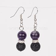 Natural Lava Rock Dangle Earrings, with Amethyst Beads, Brass Rhinestone Findings and Earring Hooks, 47mm, Pin: 0.6mm(EJEW-JE02053-05)