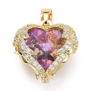 Brass Rhinestone Pendants, Heart, Real 18K Gold Plated, Light Amethyst, 16x15.5x8mm, Hole: 3x5.5mm(X-ZIRC-Z020-01G)