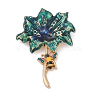 Flower Enamel Pins, with Bee, Zinc Alloy Rhinestone Brooches for Backpack Clothes, Two Tone, Dark Cyan, 57.5x41mm(JEWB-D304-02G-B)