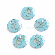 Synthetic Turquoise Charms, with Plastic Letter, Flat Round, Letter.F, 15x2mm, Hole: 1.5mm(G-L561-001F)