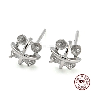 Rhodium Plated 925 Sterling Silver Stud Earring Findings, Earring Settings for Half Drilled Beads, with S925 Stamp, Real Platinum Plated, 7.5x7.5mm, Pin: 11x7mm and 0.7mm(STER-Q192-02P)