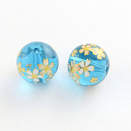 Flower Picture Transparent Glass Round Beads, with Gold Metal Enlaced, Sky Blue, 14x13mm, Hole: 1.5mm(GFB-R004-14mm-K12)