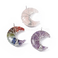 Natural & Synthetic Mixed Gemstone Chip Copper Wire Wrapped Big Pendants, Moon Charms, with Resin, Platinum, 51.5x36x15mm, Hole: 5mm(G-F733-03)