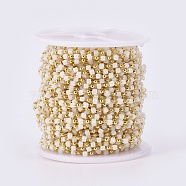Handmade Glass Beaded Chains, Soldered, with Brass Findings, with Spool, Long-Lasting Plated, Golden, Cube, White, 2.3~2.8x2.3~2.8x2.3~2.8mm, 2mm, about 32.8 Feet(10m)/roll(CHC-F008-A12)