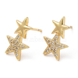 Rack Plating Brass Star Stud Earrings with Cubic Zirconia, Lead Free & Cadmium Free, Real 18K Gold Plated, 14x9mm(EJEW-D061-09G)