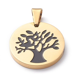 Ion Plating(IP) 304 Stainless Steel Pendants, with Enamel, Polishing, Flat Round with Tree, Golden, 25x3mm, Hole:7.5x5mm(STAS-Z027-02C-G)