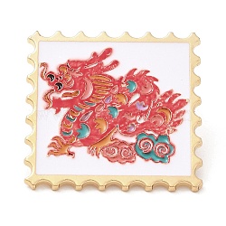 Wavy Rectangle with Dragon Enamel Pins, Light Gold Plated Alloy Brooch, Chinese Style Zodiac Sign Badge, Red, 30x30x1.5mm(JEWB-I026-02A)