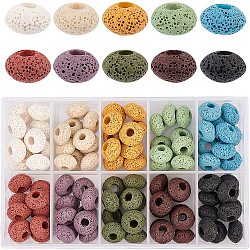Natural Lava Rock European Beads, Dyed, Large Hole Beads, Flat Round, Mixed Color, 15~16x8.5~9mm, Hole: 4~5mm, 100pcs/box(G-NB0001-58)