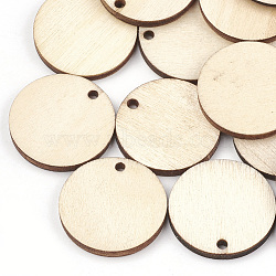 Undyed Wood Pendants, Flat Round, Wheat, 24.5x2~3mm, Hole: 2mm(WOOD-T008-13)