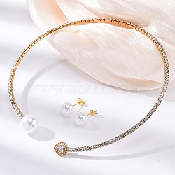 Round Plastic Imitation Pearl Stud Earrings & Cubic Zirconia and Rhinestone Heart Cuff Choker Necklaces Sets, 304 Stainless Steel Jewerly Set for Women, Golden, Inner Diameter: 4.43 inch(112.5mm)(SJEW-U003-01G)