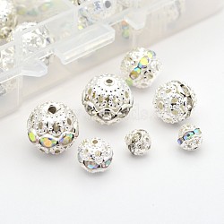 Grade A Brass Rhinestone Beads, Round, Silver Color Plated Metal Color, Mixed Style, Mixed Color, 6~12mm, Hole: 1mm, about 110pcs/box(RB-X0005-B)