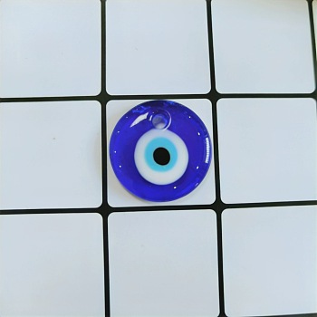 Transparent Glass Pendants, Flat Round with Evil Eye, Blue, 35mm