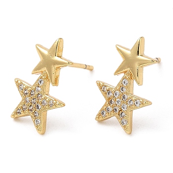Rack Plating Brass Star Stud Earrings with Cubic Zirconia, Lead Free & Cadmium Free, Real 18K Gold Plated, 14x9mm