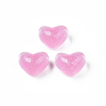 Translucent Acrylic Cabochons, with Glitter Powder, Heart, Pearl Pink, 14x18x12mm