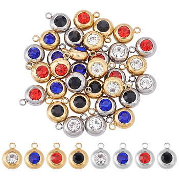 32Pcs 8 Color 304 Stainless Steel Rhinestone Charms, Birthstone Charms, Flat Round, Mixed Color, 4pcs/color