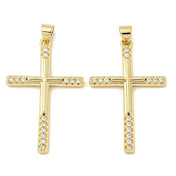 Rack Plating Brass Micro Pave Cubic Zirconia Pendants, Long-Lasting Plated, Lead Free & Cadmium Free, Cross Charms, Religion, Real 18K Gold Plated, 35x22x3mm, Hole: 5x3mm