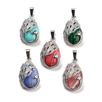 Synthetic Mixed Stone Teardrop Pendants, Alloy Peacock Charms, Platinum, Mixed Dyed and Undyed, 33x19x10mm, Hole: 3.5x9mm