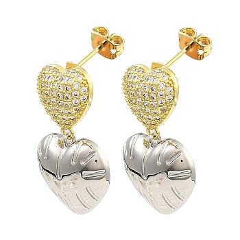 Rack Plating Brass Heart Dangle Stud Earrings with Cubic Zirconia, Long-Lasting Plated, Lead Free & Cadmium Free, Real 18K Gold Plated, 33x20mm
