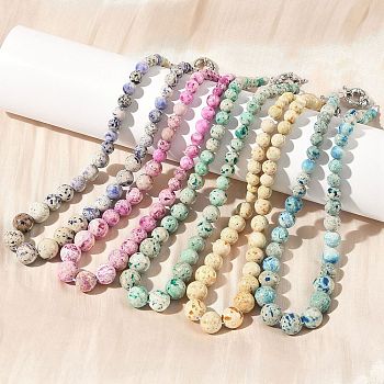 Dyed Natural Fossil Graduated Round Beaded Necklaces, with Platinum Brass Spring Ring Clasps, Mixed Color, 18.66~18.78 inch(47.4~47.7cm)