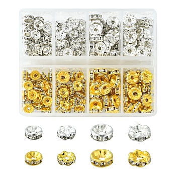 240Pcs 8 Styles Iron & Brass Rhinestone Spacer Beads, for Jewelry Craft Making Findings, Rondelle, Straight Edge, Crystal, Golden & Silver, 6~8x3~3.5nnm, Hole: 1.5~2mm, about 30Pcs/style