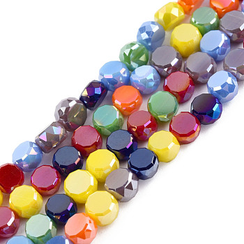 Electroplate Glass Beads Strands, Faceted, Flat Round, Colorful, 4x2.5mm, Hole: 0.9mm, about 99~101Pcs/strand, 14.45 inch~14.69 inch(36.7~37.3cm)