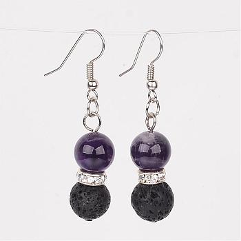 Natural Lava Rock Dangle Earrings, with Amethyst Beads, Brass Rhinestone Findings and Earring Hooks, 47mm, Pin: 0.6mm