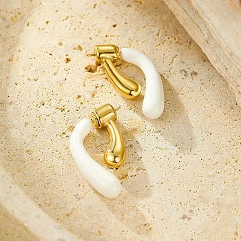 304 Stainless Steel Stud Earrings, with Enamel, Real 18K Gold Plated, White, 27.5x6.5mm