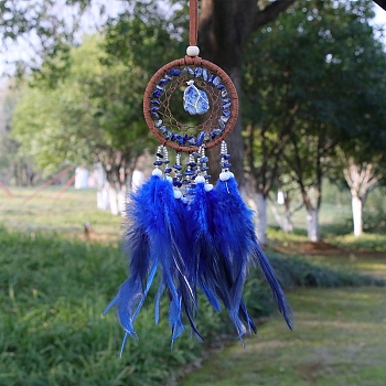 Natural Lapis Lazuli Chips Woven Net/Web with Feather Pendant Decoration, Iron Ring Hanging Ornament, 400x70mm