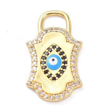 Brass Micro Pave Cubic Zirconia Pendants, with Enamel, Padlock with Evil Eye, Golden, 24x14x3.5mm, Hole: 5.5x3.5mm