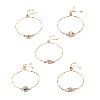 Crystal Rhinestone Link with Enamel Evil Eye Slider Bracelet, Brass Adjustable Bracelet for Women, Golden, Mixed Patterns, 5/8~2-3/4 inch(1.6~7.1cm)