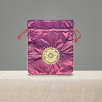 Chinese Style Brocade Drawstring Gift Blessing Bags, Jewelry Storage Pouches for Wedding Party Candy Packaging, Rectangle with Flower Pattern, Medium Orchid, 18x15cm