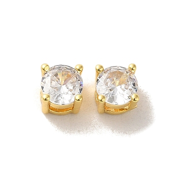 Brass with  Single Clear  Cubic Zirconia Bead, Round, Real 18K Gold Plated, 5x5x4mm, Hole: 3mm