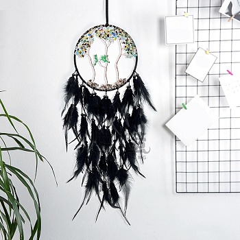 Iron & Woven Web/Net with Feather Pendant Decorations, with Glass & Wood Beads, for Home Hanging Decorations, Black, 700x160mm