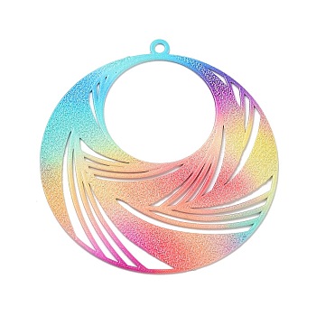 Iron Pendants, Etched Metal Embellishments, Rainbow Color, Flat Round, 43x41x0.8mm, Hole: 2mm