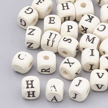 Natural Wood Beads, Horizontal Hole, Cube with Letter, Creamy White, Random Mixed Letters, 8x8x7.5mm, Hole: 2~3.5mm, about 4084pcs/1000g