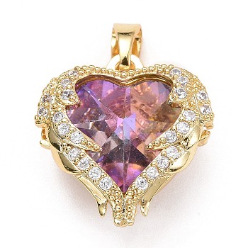 Brass Rhinestone Pendants, Heart, Real 18K Gold Plated, Light Amethyst, 16x15.5x8mm, Hole: 3x5.5mm