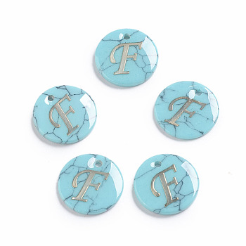 Synthetic Turquoise Charms, with Plastic Letter, Flat Round, Letter.F, 15x2mm, Hole: 1.5mm