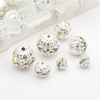 Grade A Brass Rhinestone Beads, Round, Silver Color Plated Metal Color, Mixed Style, Mixed Color, 6~12mm, Hole: 1mm, about 110pcs/box
