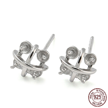 Rhodium Plated 925 Sterling Silver Stud Earring Findings, Earring Settings for Half Drilled Beads, with S925 Stamp, Real Platinum Plated, 7.5x7.5mm, Pin: 11x7mm and 0.7mm