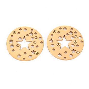 304 Stainless Steel Filigree Joiners Links Rhinestone Settings, Laser Cut, Flat Round with Star, Real 14K Gold Plated, Fit for 1.2mm rhinestone, 19.5x1mm, Hole: 1.6mm